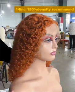 Perruque sans colle 13x4, bouclée, frisée, longue, coupe <span class=keywords><strong>bob</strong></span>, avec dentelle transparente, couleur roux orangé 350 #   Cheveux humains vierges brésiliens Jerry Curl - Product Image 2