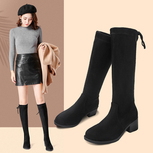 Bottes hautes pour femme automne/hiver à talon épais et moyen, en daim noir, à lacets, avec tube élastique anti-chute - Product Image 1