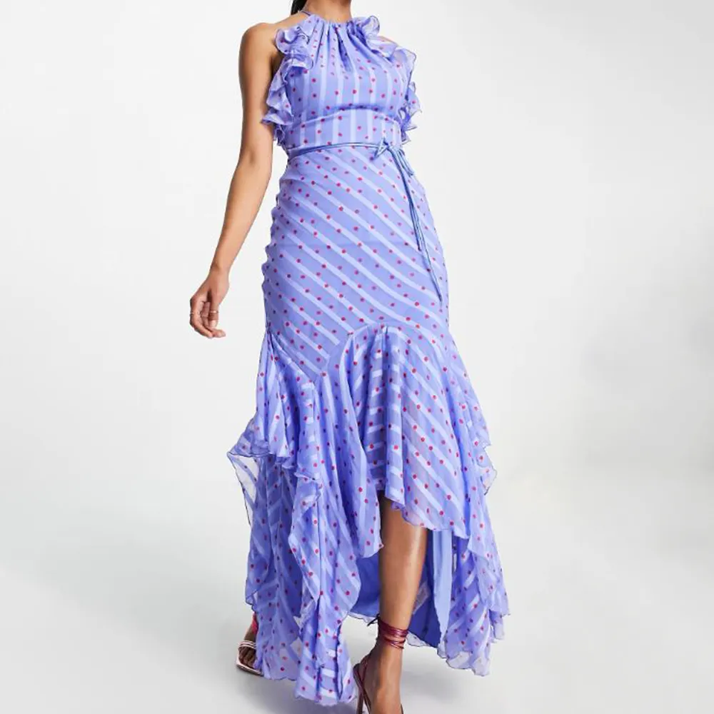 Elegant summer Purple Irregular Hem Long Dress Lace Dress halter maxi dress with drape ruffle and tie detail in spot