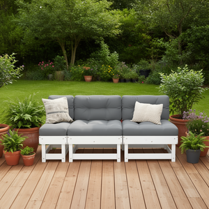 Canapé de jardin modulaire en bois de pin massif blanc, taille moyenne, trois places, mobilier d'extérieur, design contemporain, coussin en mousse haute densité - Product Image 2