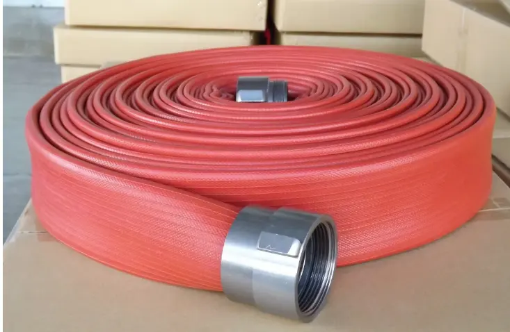 Rubber layflat discharge hose with smooth surface with brass/aluminum NH/NST/IPT thread hose couplings high pressure for fire