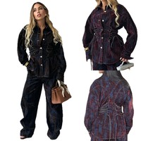 Nouvelle Collection Automne 2026 : Ensemble en Jean Imprimé Abstrait avec Ceinture, Veste et Pantalon en Denim Color Block pour Femme