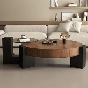 Set di tavolini da caffè rotondi in legno di lusso, moderni e di grandi dimensioni, per il soggiorno, con cassetti, multifunzionali, in vetro, design <span class=keywords><strong>vintage</strong></span>. - Product Image 3