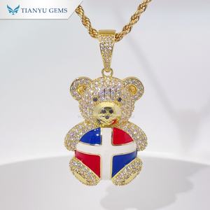 Tianyu national flag diamond-encrusted <b>teddy</b> <b>bear</b> pendant <b>necklace</b> gold-plated zircon cartoon <b>bear</b> hip-hop jewelry - Product Image 1