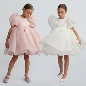 The new style kids flower dress princess lace white bubble sleeved party dresses girls27dresses flower girl dress wedding