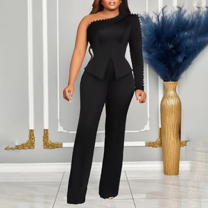 Ensemble deux pièces pour femmes, épaules dénudées, orné de perles, taille plus, couleur noire unie, costume décontracté, style Europe, Amérique, Afrique, tailles S, M, L, XL, XXL, XXXL - Product Image 1