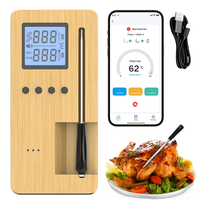 Termometer daging Digital tanpa kabel, 2025 termometer daging Digital dengan layar OLED dalam kayu tipe-c dasar pengisian daya BBQ daging