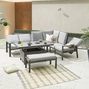 Furnitur Hotel Resor Disikat Aluminium Sofa Luar Ruangan Patio Lounge Set dengan Mengangkat Meja Kopi