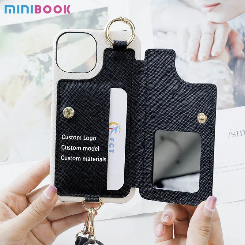 Minibook Wholesale Saffiano Pu Leather Bag with crossbody card wrist strap mirror wristband lanyard phone Case For Iphone 14