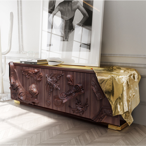 <span class=keywords><strong>Credenze</strong></span> Contemporanee in Stile Moderno e Lussuoso per Soggiorno, con Porte in Noce Intagliate a Mano e Mobile Contenitore in Ottone Lucido - Product Image 1