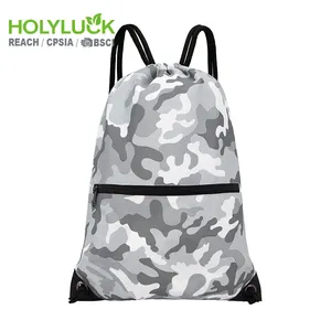 Holyluck reusable and durable camouflage custom drawstring backpack 300d polyester drawstring bag with zipper pocket