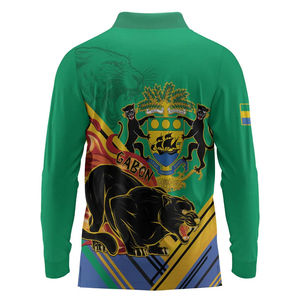 Polo de manga larga para hombre Gabón Independence Day Spirit <span class=keywords><strong>Black</strong></span> <span class=keywords><strong>Panther</strong></span> & Coat of Arms All-Over Print | Top gráfico con base verde - Product Image 2