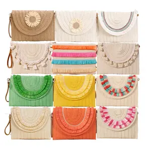 New Arrival Wicker Fringe Flap Embroidery Vintage Natural Handbags Clutch Straw Crossbody Bag