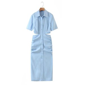 Automne nouvelle robe décontractée pour femmes à manches courtes revers simple boutonnage froissé taille ouverte durable doux automne - Product Image 3