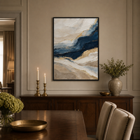Peinture abstraite bleu marine et or texturée sur toile encadrée, grande décoration murale de luxe nordique moderne pour la maison ou le bureau