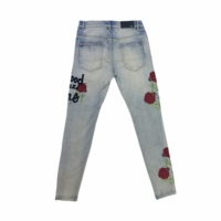Jeans Y2K Vintage Hip Hop High Street en Denim Épais, Coupe Slim, Effet Usé, Délavé à la Pierre, Broderie Rose et Broderie de Lettres