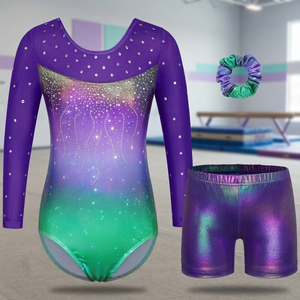 Ensemble justaucorps à manches longues et short pour filles, avec strass dégradés, tenue de gymnastique élégante, motif irisé violet-vert - Product Image 4