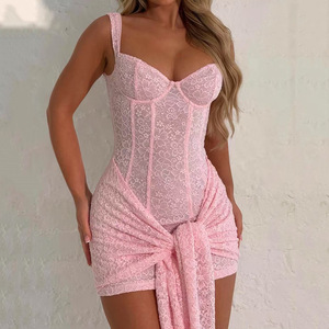 Moda <span class=keywords><strong>pizzo</strong></span> a doppio strato <span class=keywords><strong>con</strong></span> cinturini aderenti a lisca di pesce vestito Casual donna - Product Image 2