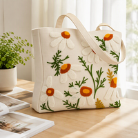 Sac fourre-tout en toile réutilisable avec broderie florale esthétique, fermeture à boucle magnétique, taille moyenne, pour femmes, à porter à l'épaule, pour le shopping