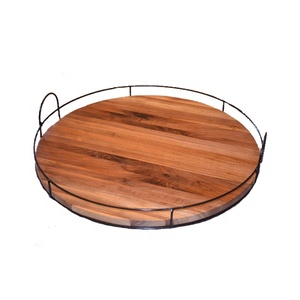 Large Rotating Walnut Wooden Lazy Susan Turntable With Metal <strong>Rails</strong> in Handmade - Product Image 1