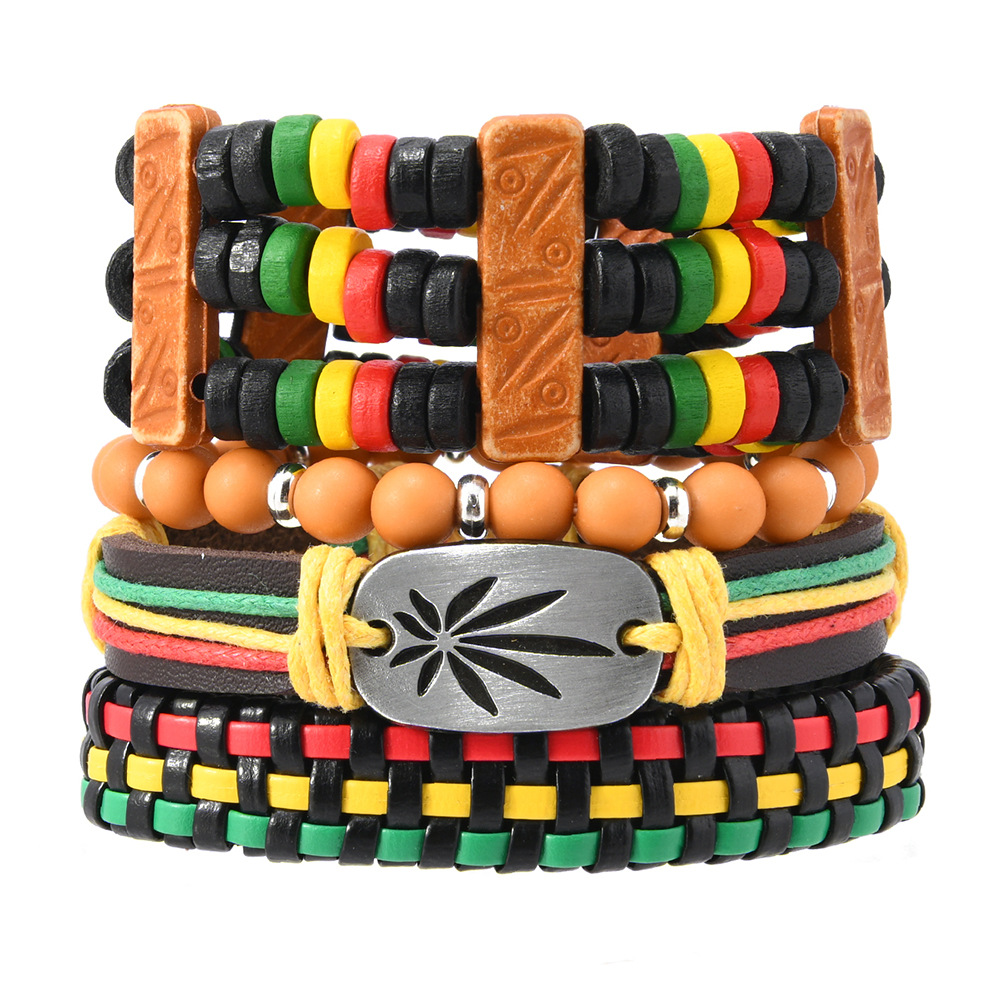 4pcs leather  or bead bracelet sets red yellow green black