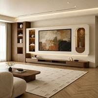 Meuble TV mural moderne en bois avec étagères ouvertes et console longue et basse