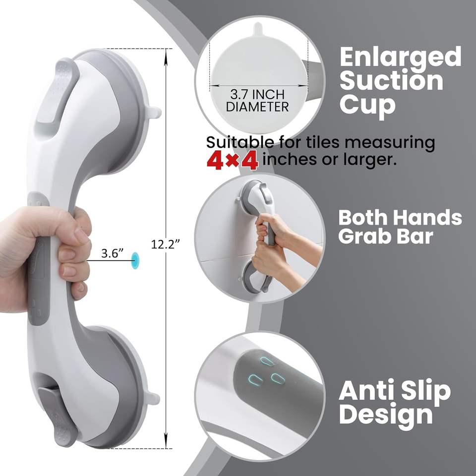 MSMT 12-Inch Shower Grab Bar Seniors Bathroom Safety Equipment with Suction Shower Handle Grip No Drilling Required for Elderly