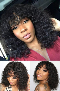 Perruque courte bob sans colle en cheveux humains, prête à porter, <span class=keywords><strong>coupe</strong></span> pixie avec <span class=keywords><strong>frange</strong></span> pour femmes, longue et volumineuse, fabriquée à la machine, sans dentelle, en cheveux humains - Product Image 6