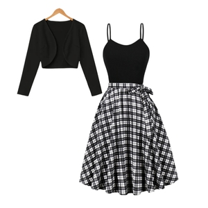 Đầm dự tiệc thanh lịch, phong cách thường ngày cho mùa xuân và mùa hè, in họa tiết gợi cảm, kèm áo khoác dây đeo, áo ngắn ôm sát, họa tiết trơn - Product Image 1