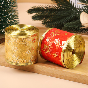 Cinta de Tul de Seda 100% con Estampado de Estrellas Navideñas, Doble Capa, 5cm de Ancho, Borde Dorado, 2 Colores, Cinta con Estampado de Estrellas Termoestampada - Product Image 3