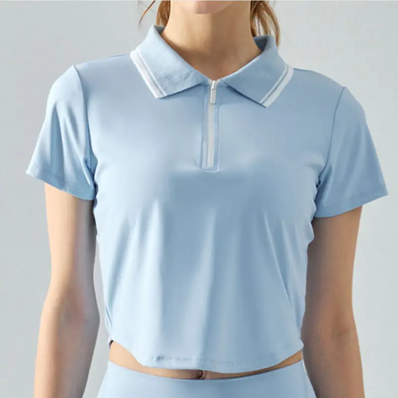 2023 새로운 여름 폴로 칼라 반소매 티셔츠 여성용 하프 지퍼 골프 스포츠 의류 누드 핏 피트니스 탑 여성