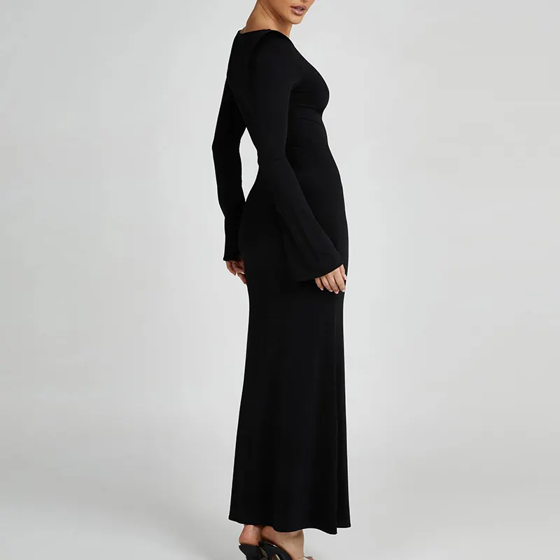 בגדי נשים באיכות גבוהה יוקרה שמלת שמלת ערב אלגנטית ליידי קז'ואל שרוולים ארוכים שחורים שמלות מקסי בודיקון