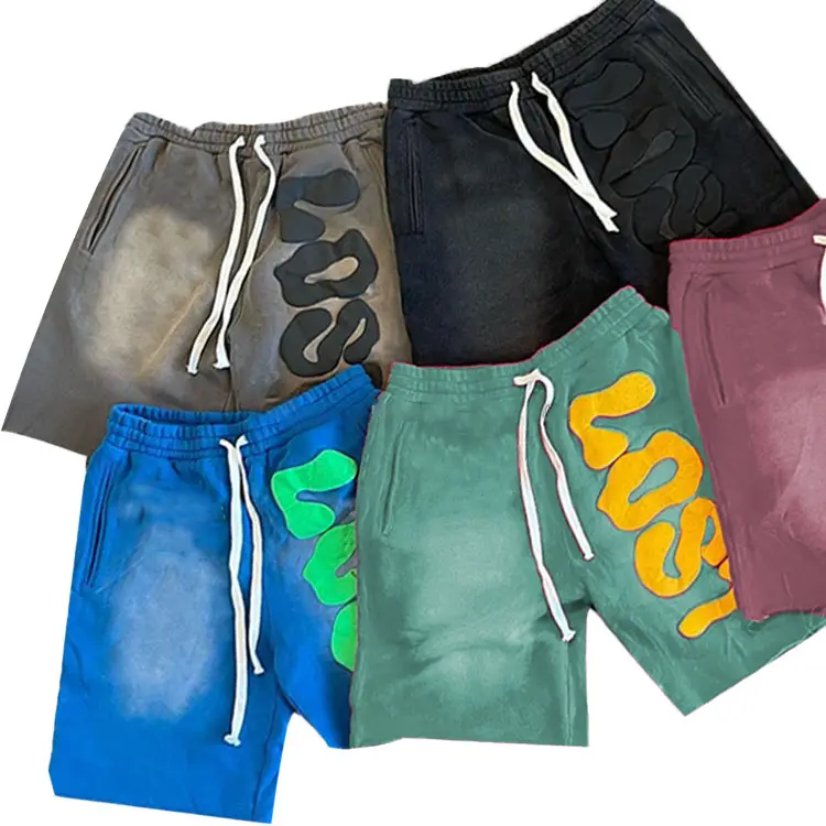 Custom French Terry Gym Shorts Heavyweight 100% algodón Puff Print Streetwear Vintage Sun Faded Acid Wash Shorts para hombres