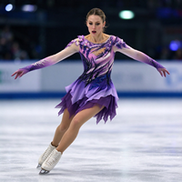 Robe de patinage et de danse dégradé violet-rose, manches longues en maille, ornée de strass floraux, pour enfants et adultes, compétition et performance