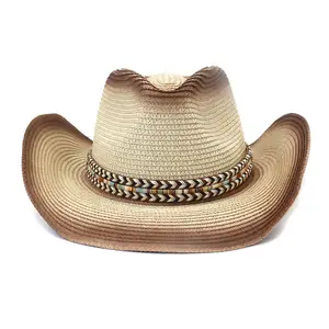 Hot Sale Big Curled Brim Stetson Western Paper Straw Cowboy Hat With Adjustable Cotton Rope