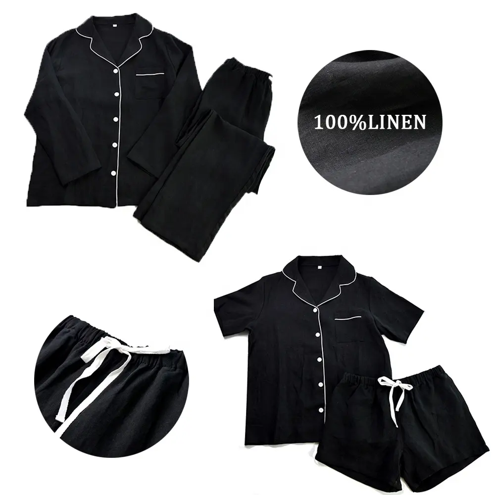 Custom Effen Zwarte Lange Of Korte Pyjama 100% Linnen Pyjama Slaapkleding Voor Vrouwen 2 Delige Set