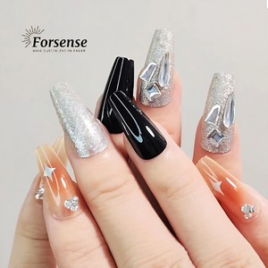 <span class=keywords><strong>Faux</strong></span> ongles 3d Luxury Medium Coffin Press on Nails Emballage personnalisé en métal noir et argent <span class=keywords><strong>Faux</strong></span> ongles à paillettes avec strass - Product Image 2