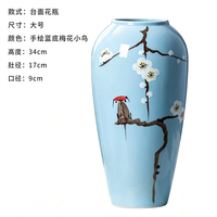 Ensemble de vases en céramique bleu clair peints à la main avec motif Fleur de Prunier et Oiseau, Pots en poterie de Jingdezhen, Nouveauté Wabi-Sabi, Écologique, Décoration pour la maison avec branches séchées