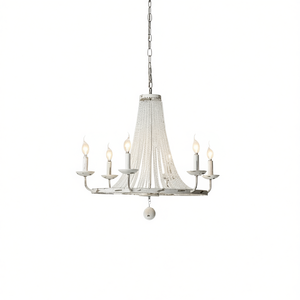 Lustre Crylite style campagne française à 6 lumières avec perles de cristal, suspension en métal blanc en forme de bougie pour salon - Product Image 1