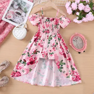 2024 neuer romantischer Getaway-Smoket Kinderkleider für Mädchen Rose-druck Halter + Hemline Kinderkleider 2-9 T Höschen-Smoket Mädchenkleidung