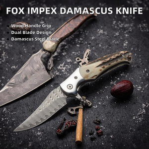 Cuchillo Plegable de Caza de Doble Hoja de Acero de Damasco de Grado Industrial Hecho a Mano con Mango de Madera y Patrón de Hoja Único OEM - Product Image 2