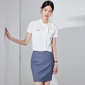 White Short Sleeve Blouse With Bow Tie Button Down Women's Work Shirt Professional Office Wear Poplin Fabric - Product Image 1