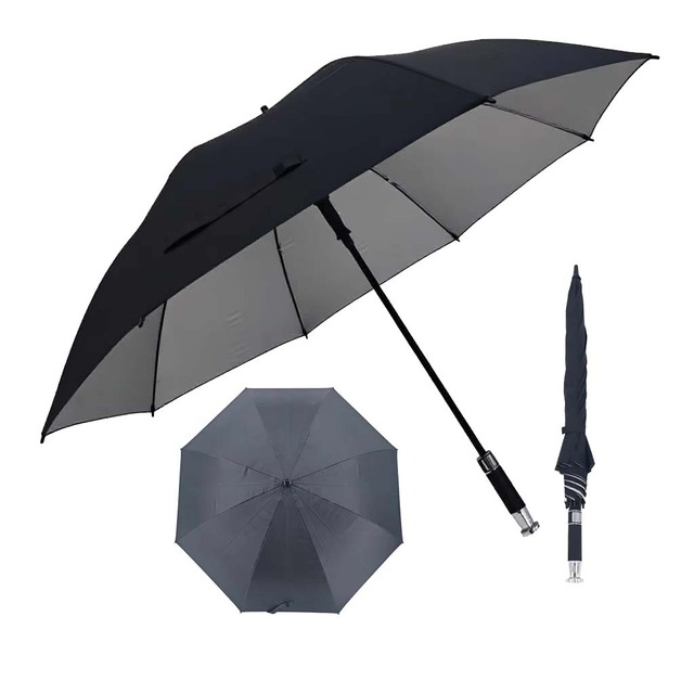 Straight Business Gift Umbrella with Silver Coating UV Protection Windproof Black Long Umbrella with Canopy Carrying Strap