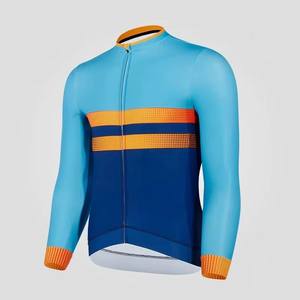 Jersey de Ciclismo de Manga Larga en Bloques de Color Azul y Naranja, Doble Adaptabilidad para Primavera y Otoño, Torneos, Entrenamiento, Desplazamientos Diarios, Personalizable - Product Image 1