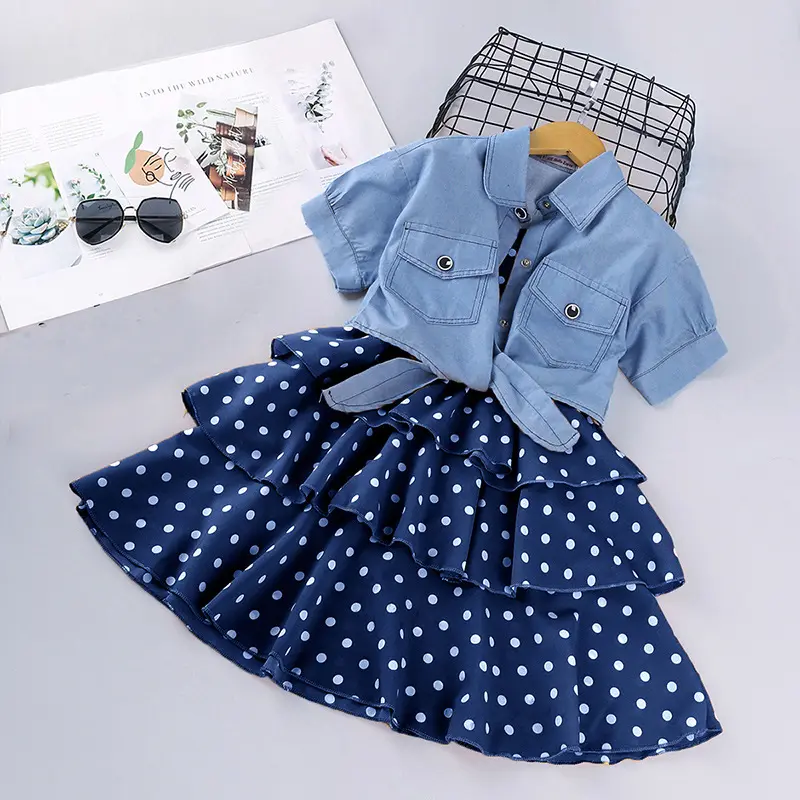 Traje para niñas, novedad de verano, chaqueta vaquera de manga corta, vestido de princesa