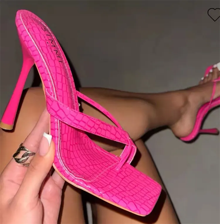 Candy-colored Women New Snake Grain Leather Stiletto Heel Flip Flops High Heeled Sandals Slippers Female Large Size Sandal