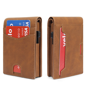 Cartera de Cuero Genuino para Hombre, Tarjetero Magnético con Bloqueo RFID, Mecanismo de Resorte, Uso Diario - Product Image 1