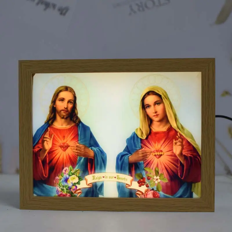 Chrétien religieux vierge marie jésus lumière peinture décorations de Table tenture murale photos saints cadeaux ensemble lampe à LED