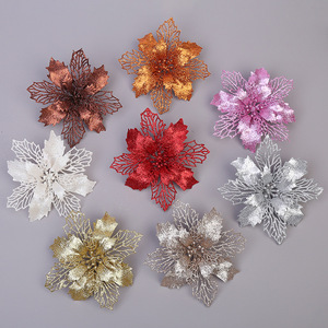 Flores de Pascua con purpurina dorada, adorno para árbol de Navidad, flores artificiales con clips, tallos, adornos navideños - Product Image 5