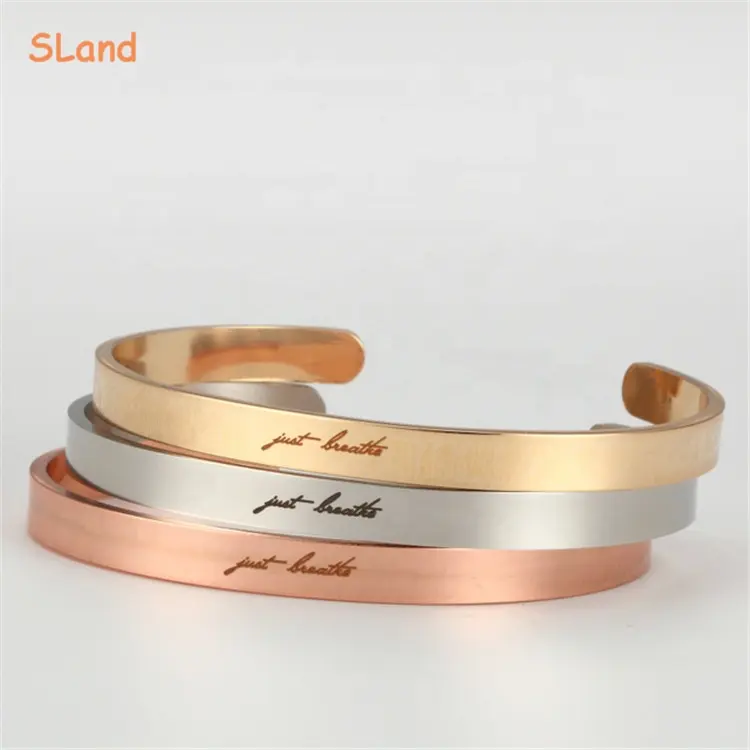 SLand Jewelry Low quantité minimale de commande vente en gros argent/or/or Rose personnalisé gravé bracelet manchette en acier inoxydable OEM votre taille et couleur